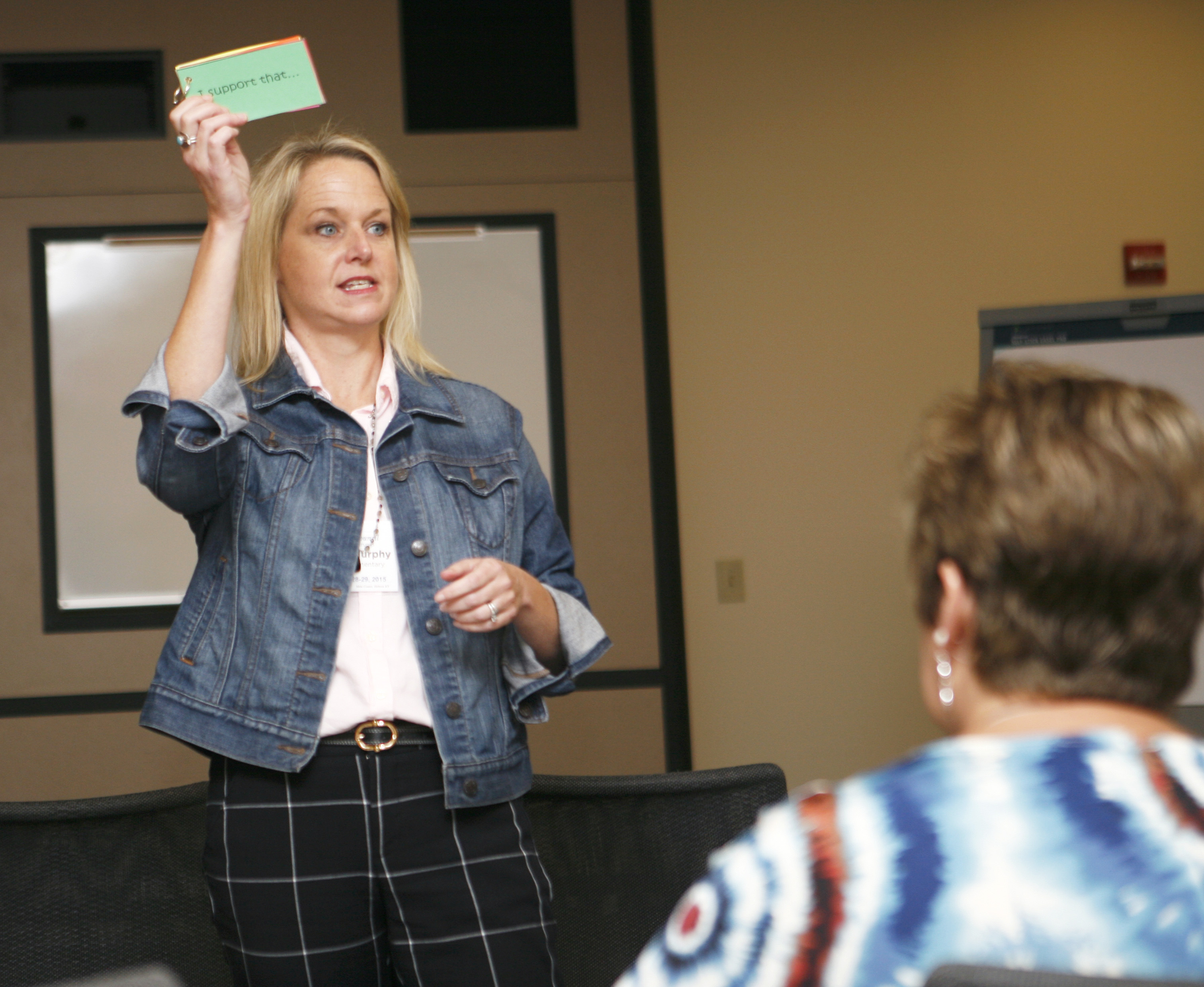 Debbie Murphy, 5th-grade social studies teacher, explains how she and fellow teacher Terena Moore use discussion cards while teaching "We the People" at Kingston Elementary (Madison County). Brenna Kelly, Sept. 30, 2015.