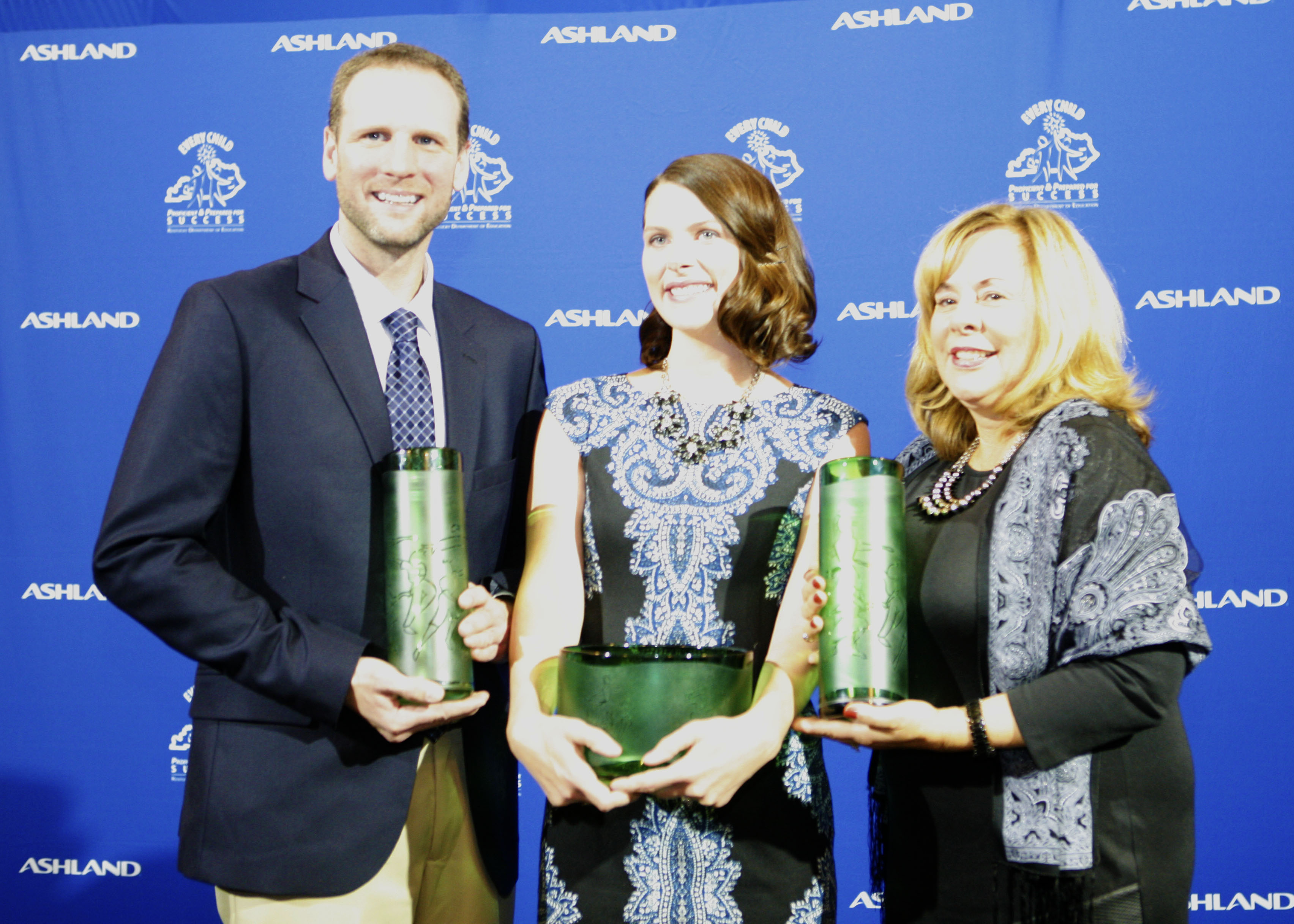 Ashland Inc. and the Kentucky Department of Education announced the 2016 Teachers of the Year winners today at a ceremony at the Capitol Rotunda in Frankfort. Joshua DeWar of Jefferson County, from left, is the 2016 Elementary School Teacher of the Year; Ashley Lamb-Sinclair of the Oldham County school district is the 2016 Kentucky Teacher of the Year; and Karen Mallonee, of Daviess County, is the 2016 Middle School Teacher of the Year. Photo by Jennifer Ginn, Oct. 20, 2015