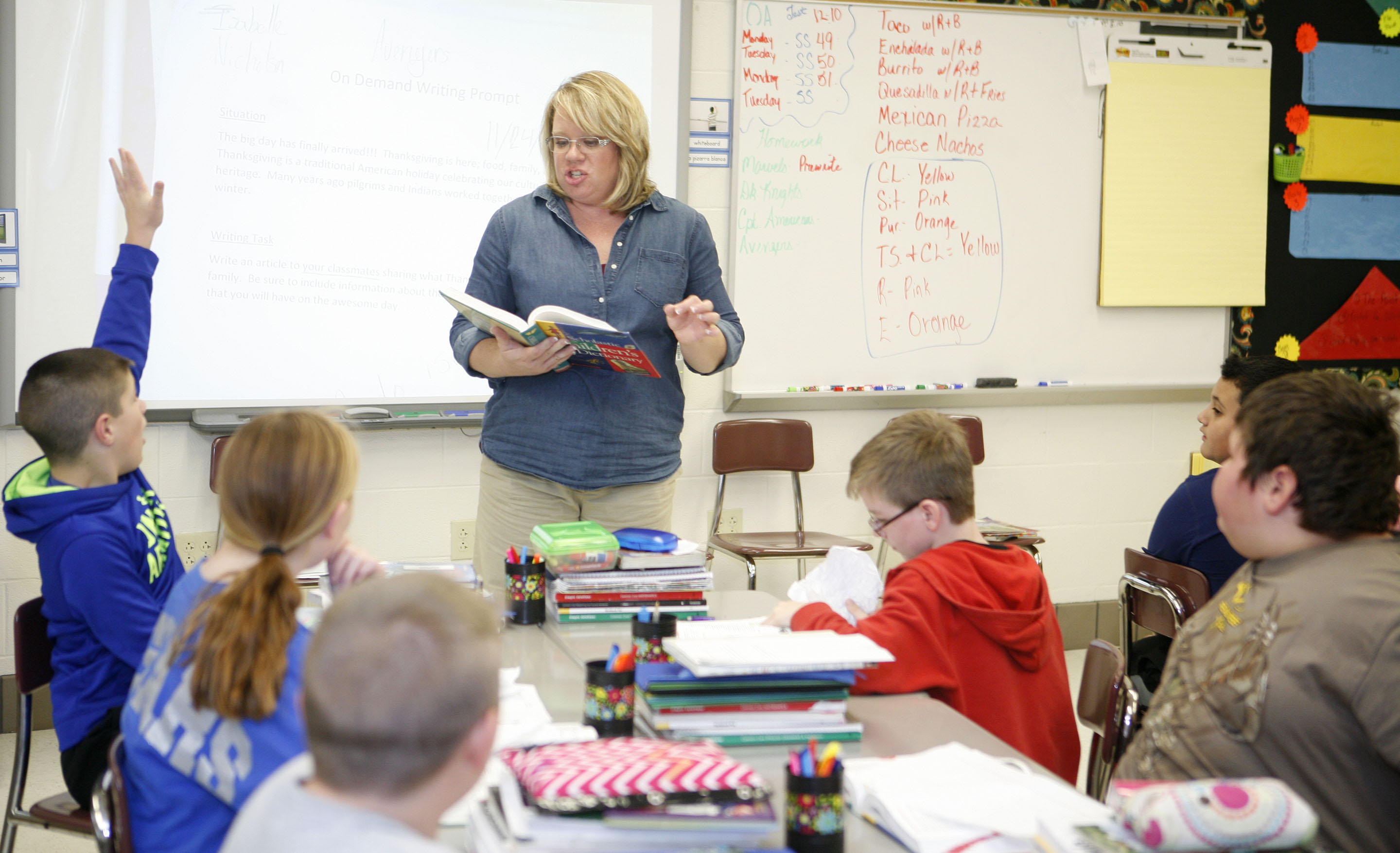 Rachel Hacker, a 5th-grade teacher at Bush Elementary School (Laurel County), fields a question from a student as her class works on an on-demand writing project. Bush Elementary is one of four public schools in Kentucky to be named a National Blue Ribbon School in 2015 by the U.S. Department of Education. Photo by Mike Marsee, Dec. 7, 2015