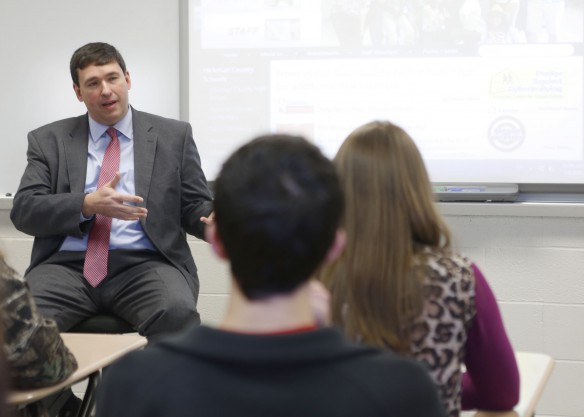 Commissioner of Education Stephen Pruitt recently spoke with students enrolled in the Falcon Academy. All were enthusiastic about their experience, with some students admitting they thought college was out of reach until they started earning credits through the program. Photo by Becky Blessing, Feb. 2, 2016