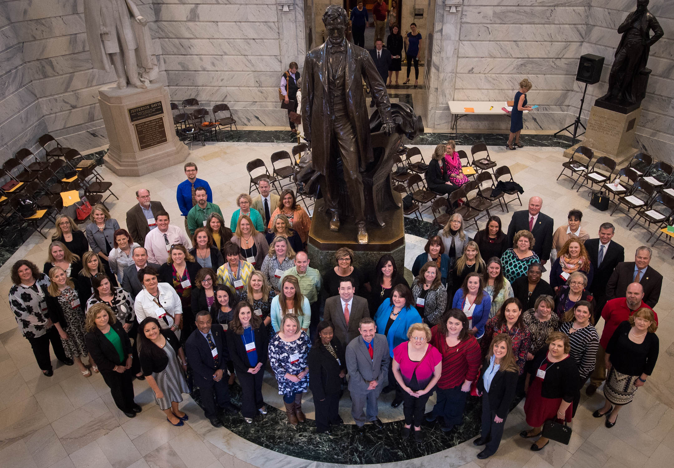 Members of Kentucky’s 2015 class of National Board Certified Teachers pose for a photo in the rotunda of the Kentucky State Capitol prior to a ceremony at which they were recognized. Photo by Bobby Ellis, March 8, 2016