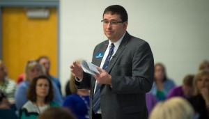 Commissioner Stephen Pruitt speaks to audience members at the Education Town Hall Meeting in Shelbyville, the first in a series of 11 meetings that will allow people to share their thoughts about what should be included in a new education accountability system. Photo by Bobby Ellis, March 14, 2016