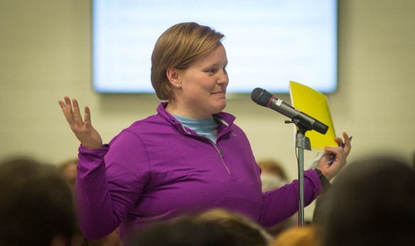 Sarah Fitzpatrick, a health and physical education teacher at Southside Elementary (Shelby County), speaks at the first Education Town Hall Meeting, which her school hosted. The next town hall meeting will be March 22 at Campbellsville University. Photo by Bobby Ellis, March 14, 2016