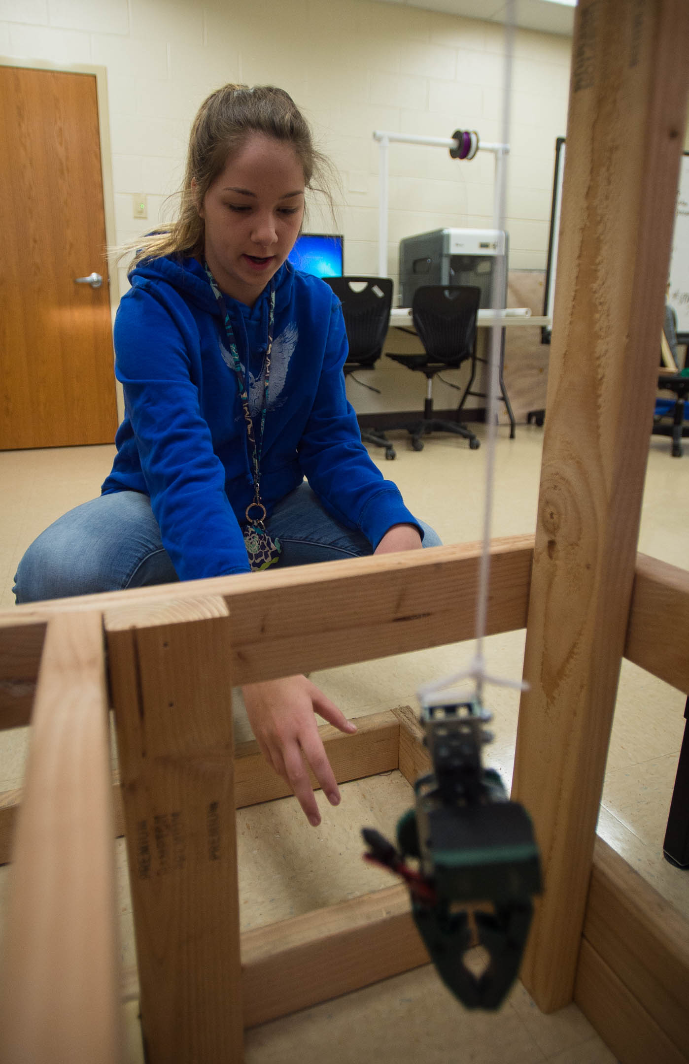 Trinity Brown, an 8th-grader at Robert D. Campbell Junior High School in Clark County, designed and built a claw machine as her passion project in John Chaney's Innovation Lab. Students in the class get to spend nine weeks working a project of their choosing. Photo by Bobby Ellis, March 23, 2016