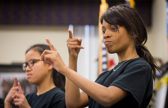 Members of the Kentucky School for the Deaf Signing Choir perform during the April 13 Kentucky Board of Education Meeting. Photo by Bobby Ellis, April 13, 2016