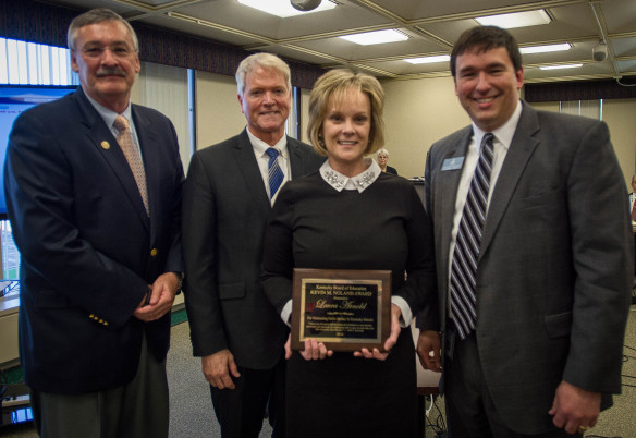 Laura Arnold, associate commissioner for the Office of Career and Technical Education at the Kentucky Department of Education, was awarded the Kevin M. Noland Award during the April 13 Kentucky Board of Education meeting. The award recognizes a KDE employee for significant service to Kentucky's public schools and for providing inspiration for education. Photo by Bobby Ellis, April 13, 2016