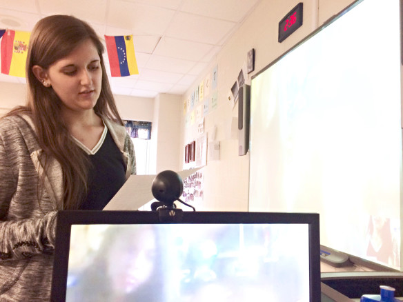 Sophia Sergent, a student at Harlan County High School, speaks Spanish to a native-Spanish speaker over Skype in a class. Photo courtesy of Emmanuel B. Anama-Green