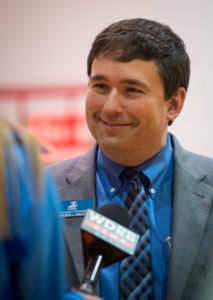 Kentucky Education Commissioner Stephen Pruitt is interviewed by a local television station at an Education Town Hall Meeting (Jefferson County). Pruitt heard feedback on defining school success that will be used in developing a new accountability system to be installed in the 2017-18 school year. Photo by Bobby Ellis, April 21, 2016