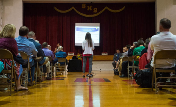 Penny Mills speaks to Kentucky Education Commissioner Stephen Pruitt during an Education Town Hall Meeting at Seneca High School (Jefferson County). More than 2,500 people attended 11 meetings held across the state. Photo by Bobby Ellis, April 21, 2016