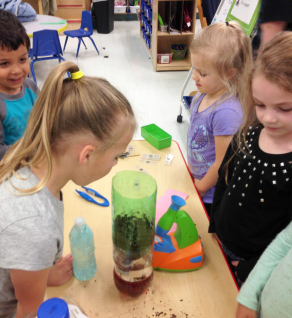 Students at Rich Pond Elementary School (Warren County) use tools in the science center to examine the earthworms in the ecosystem they helped build. Photo submitted by Christina Sanders