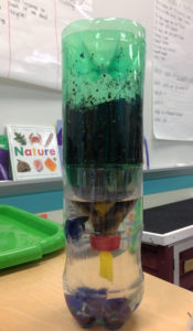 This example of a recycled bottle ecosystem was completed by a class of 3- to 5-year-old preschoolers with minimal adult assistance. Photo submitted by Christina Sanders
