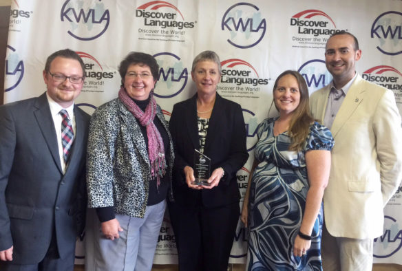 Members of the Kentucky World Language Association (KWLA), from left, Awards Committee Chair Ben Hawkins, Awards Banquet Host Sharon Mattingly, 2015 KWLA Outstanding Administrator Award winner Julie Clark (Daviess County) President Sara Merideth and President-Elect Lucas Gravitt gather at the 2015 KWLA Awards Banquet in Louisville. KWLA is accepting nominations now for its annual awards, which recognize teachers, administrators and others who are strong promoters of world languages. Photo submitted by Catherine Del Valle