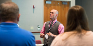 Ryan New, a social studies teacher at Boyle County High School, discusses having students take action during the Kentucky History Education Conference. Photo by Bobby Ellis, June 23, 2016