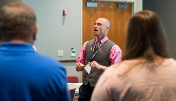 Ryan New, a social studies teacher at Boyle County High School, discusses having students take action during the Kentucky History Education Conference. Photo by Bobby Ellis, June 23, 2016