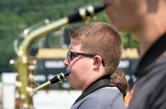 Mackinley Daniels practices with other saxophone players during the Johnson Central High School band camp. Photo by Bobby Ellis, July 19, 2016