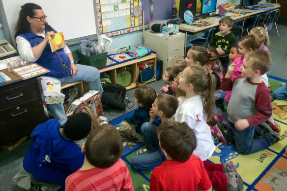 Geri Willis, coordinator of the Ashland Family Resource Center, reviews shapes with students at Hager Elementary in preparation for a math-based quilting project. The center serves Hager and Crabbe elementary schools in the Ashland Independent district. Photo by Kerri Keener