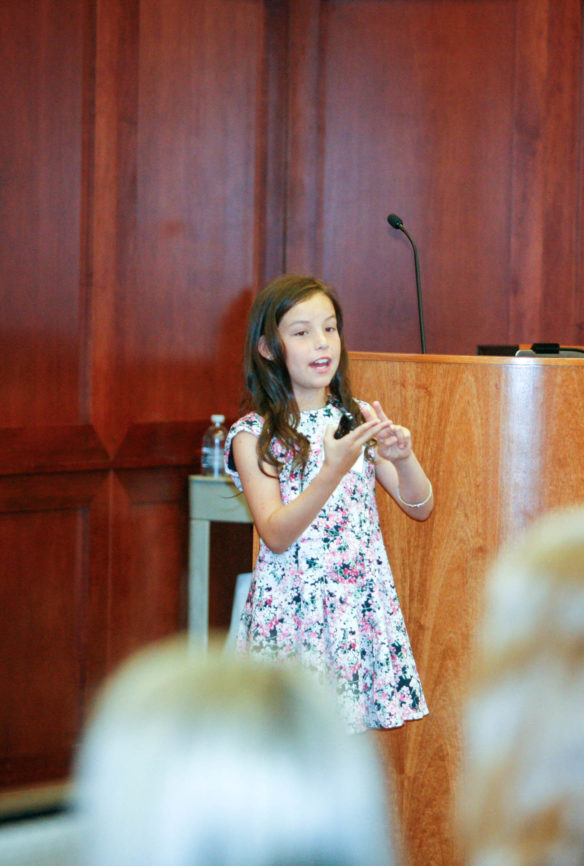 Gracie Learner, a rising 4th-grader at Kyrock Elementary School (Edmonson County), delivers the keynote address at the Western Kentucky University School of Teacher Education’s Annual Summer Conference. Learner talked about the importance of making sure students’ voices are heard. Photo by Mike Marsee, June 24, 2016