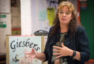 Heleen Giesbers speaks to a class about the different traits of life during a biology class at Williamstown Junior/Senior High School. Photo by Bobby Ellis, Aug. 17, 2016