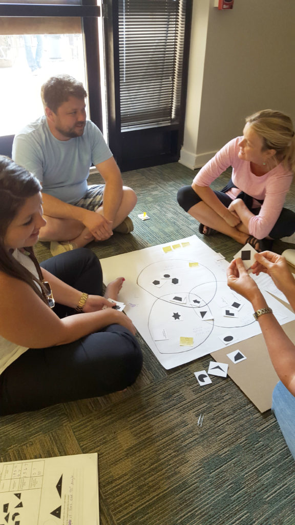 Kellie Childress, from left, James Hay and Julie Reid engage in the card sort of the 4th-grade geometry, two-dimensional shapes, angles and symmetry formative assessment lesson. Pihoto by Monique Beckham