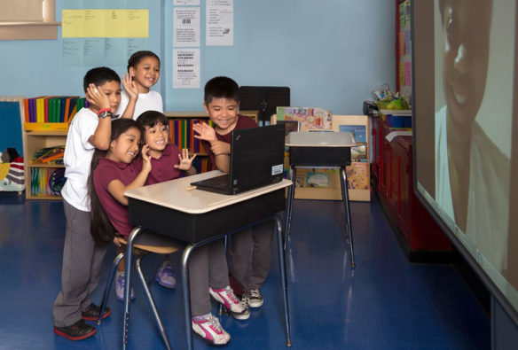 Third-grade Reach the World students video conference with their traveler in Macau, China. Through these online exchanges, students can virtually visit other cultures and learn about diverse people and places. Submitted photo by Caela Murphy