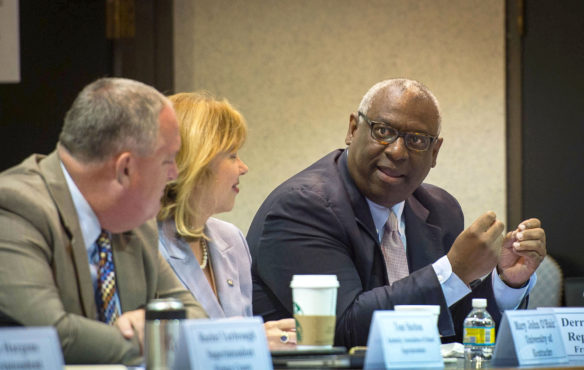 State Rep. Derrick Graham (D-Frankfort), the chairman of the House Education Committee, weighs in during a meeting of the Kentucky Department of Education's Accountability Steering Committee. The diverse committee is made up of educators, business leaders, community groups and members of other shareholder groups. Photo by Bobby Ellis, June 2, 2016