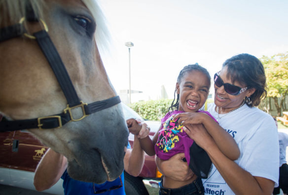 Trenady Brown, a special ed. student at Julius Marks Elementary (Fayette) reacts after petting Mercy, a rescued Belgian draft horse who acts as the spokesmodel for "Take the Reins."  Photo by Bobby Ellis, Aug. 29, 2016