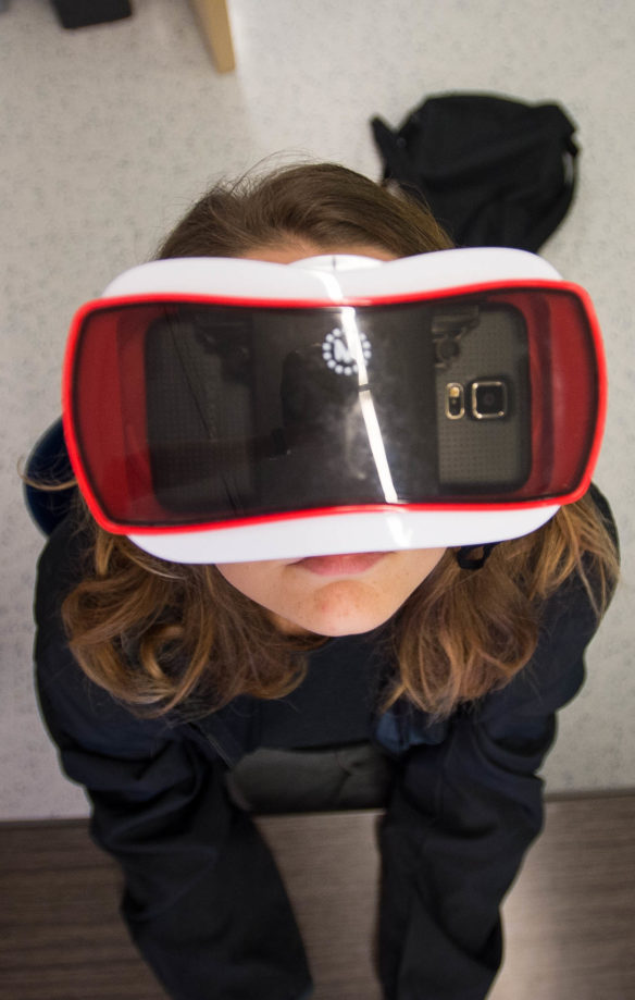 Eminence High School senior Bethony Harp uses a pair of virtual reality goggles during a class in the new Ed Hub at the school. The Ed Hub houses eight different labs which contain a green screen, virtual reality goggles, a LEGO wall and an aquaponics system. Photo by Bobby Ellis, Sept. 15, 2016