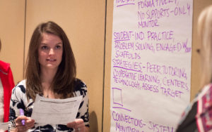 Julie Hoff, a teacher in Pulaski County, takes part in a novice reduction seminar during the 2016 Kentucky Continuous Improvement Summit in Lexington. Photo by Bobby Ellis, Sept. 20, 2016