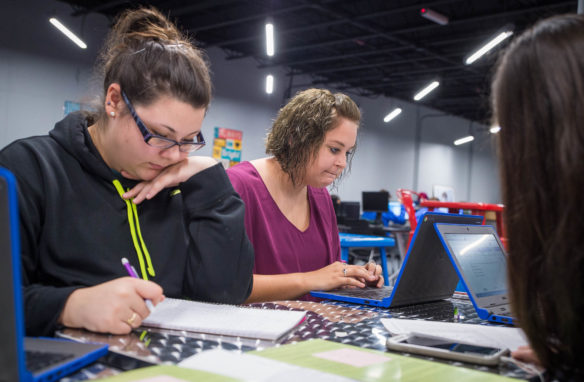 Sierra Cross, left, and Kendra Kulac, seniors at Adair County High School work on Odysseyware assignments using the school's new Virtual Learning Academy, which opened earlier this year as a place for students to pursue online learning or to study. Photo by Bobby Ellis, Sept. 26, 2016