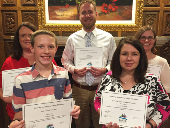 Also honored at the Kentucky Association of School Librarians (KASL) Sept. 24 ceremony were, from left, Lee Ann Shearon, winner of the Eleanor W. Simmons Memorial Grant; Morton McIntyre, KASL Student Technology Award; Matt Kresslein, Donna Hornsby Joint Technology Project Award; Dee Dee Webb, Outstanding School Library Website Award; and Renee Hale, winner of the Donna Hornsby Joint Technology Project Award. Not pictured was Joanie Alexander, winner of the Eleanor W. Simmons Memorial Grant. Photo by Kathy Mansfield, Sept. 24, 2016