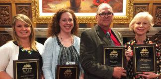 The Kentucky Association of School Librarians (KASL) recognized school librarians, administrators, students, teachers and Kentucky-related media at a luncheon and ceremony Sept. 24 at the Galt House in Louisville. Among those who were recognized included, from left, Kimberly Young, KASL Service Award for School Administrators; Heidi Neltner, 2016 Outstanding School Media Librarian; Carl Wells, KASL Award of Merit; and Becky Nelson, 2016 Barby Hardy Lifetime Achievement Award. Photo by Kathy Mansfield, Sept. 24, 2016
