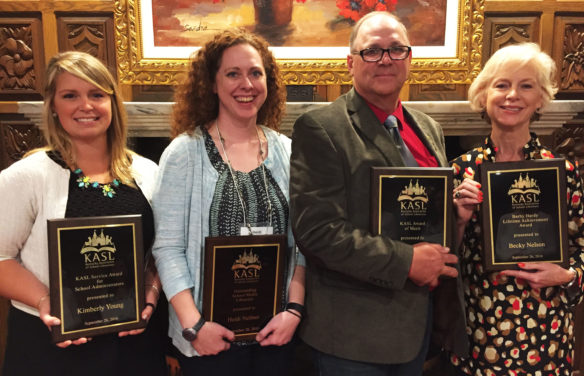 The Kentucky Association of School Librarians (KASL) recognized school librarians, administrators, students, teachers and Kentucky-related media at a luncheon and ceremony Sept. 24 at the Galt House in Louisville. Among those who were recognized included, from left, Kimberly Young, KASL Service Award for School Administrators; Heidi Neltner, 2016 Outstanding School Media Librarian; Carl Wells, KASL Award of Merit; and Becky Nelson, 2016 Barby Hardy Lifetime Achievement Award. Photo by Kathy Mansfield, Sept. 24, 2016