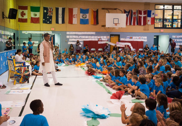 Nobel Peace Prize Winner Kailash Satyarthi speaks to students at Maxwell Elementary (Fayette County). Satyarthi told students that they should try to smile everyday and love their enemies as much as their friends. Photo by Bobby Ellis, Sept. 23, 2016