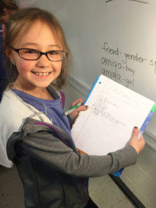 A student at Crittenden County Elementary School shows off her vocabulary words from the initial Study Buddy session at the school. Submitted photo by Denise Johnson