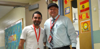 Señor Francisco Luque, left, is part of a cultural leadership exchange program and travels to different countries each year teaching about the Spanish language and culture. This year, he is teaching at Owingsville Elementary School (Bath County). Here he is pictured with Owingsville Principal Mark Leet. Submitted photo by Cecil Lawson