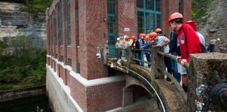 High school students from Burgin Independent School tour the Dix Dam hydroelectric plant at Kentucky Utilities' E.W. Brown Generating Station in Mercer County. Students in Chad Terrell's energy and power foundations class visited the plant as part of their study of how water can be used to create electricity. Photo by Bobby Ellis, Sept. 30, 2016