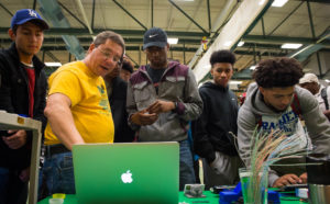 Jens Hannemann, a technology professor at Kentucky State University, speaks to students from the Young Male Leadership Academy during an open house at Kentucky State University. Photo by Bobby Ellis; Oct. 29, 2016