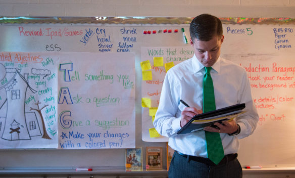 Eric Ball, the assistant principal at Collins Elementary (Boone County) takes notes during a visit to Grandview Elementary (Bellevue Independent) to observe teaching methods from the Public Education & Business Coalition. Educators have been flocking to the small district the past two years to see how those methods have created deeper student learning and engagement. Photo by Bobby Ellis, Nov. 2, 2016