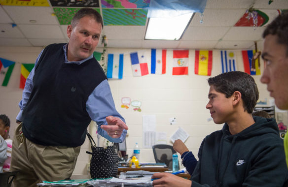 Greg Roush, principal at Western Hills High School (Franklin County) speaks with students in Rachel Medina's Spanish II class. Roush was named the Kentucky World Language Association Administrator of the Year. Photo by Bobby Ellis, Nov. 9, 2016