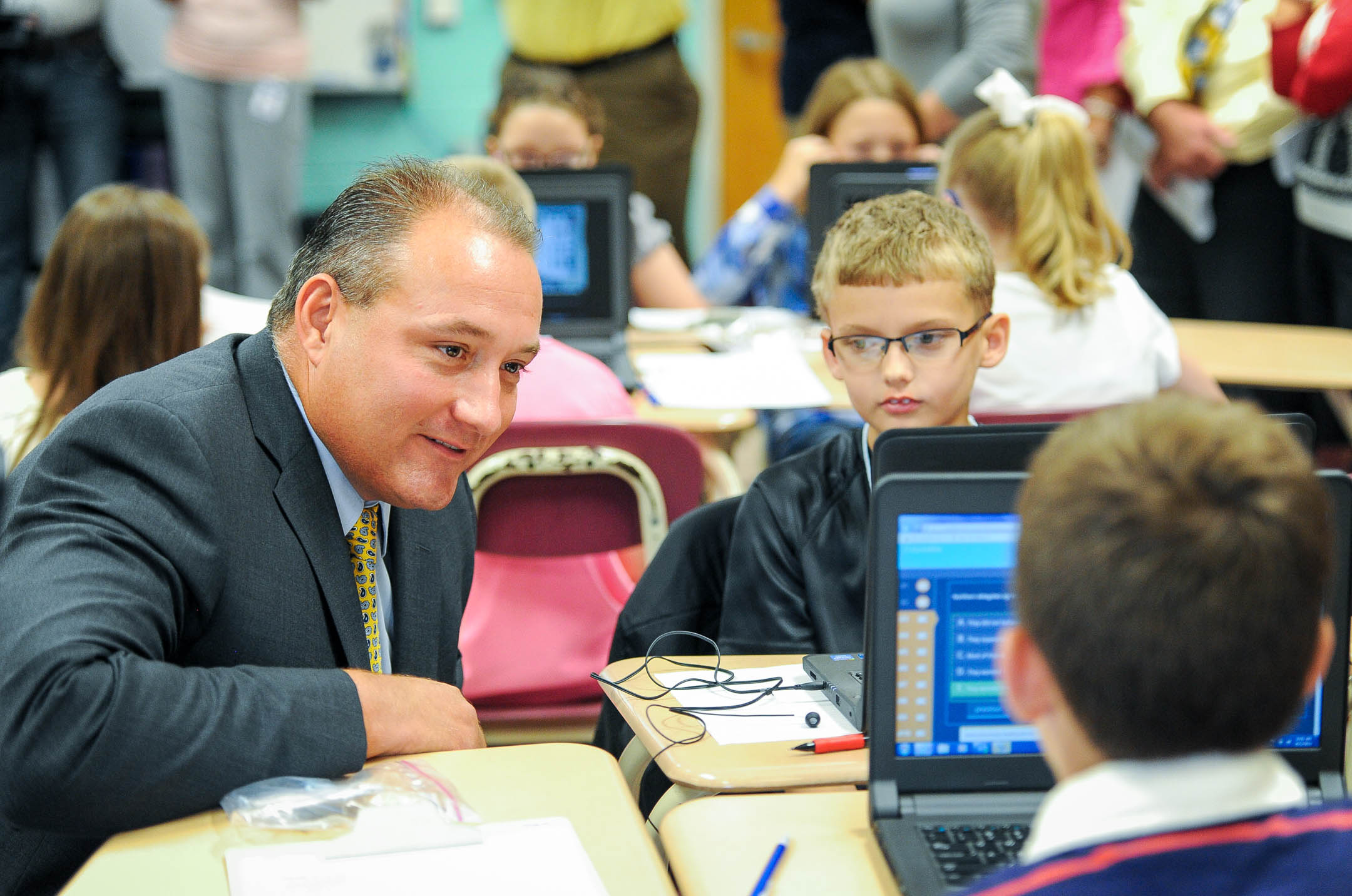 Henry Webb, superintendent of Floyd County schools, talks to students at May Valley Elementary. Webb, who emphasizes the importance of focusing on every child in the district, was named 2016 Superintendent of the Year by the Kentucky Association of School Administrators. Photo submitted