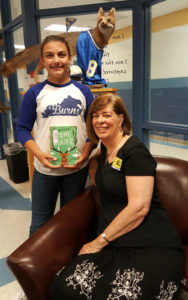 Emma Kate Osowicz, a 7th-grader at F.T. Burns Middle School (Daviess County), meets with "Saving Wonder" author Mary Knight. Osowicz introduced the novel to librarian Elizabeth Muster after purchasing it at a Scholastic book fair. Submitted photo by Elizabeth Muster