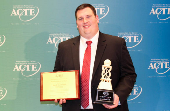 Jacob Ball poses with his 2017 New Teacher of the Year Award presented by the ACTE. Photo provided by Jacob Ball