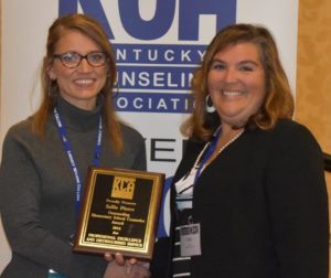 Sallie Pierce, right, a guidance counselor at Southern Elementary School (Pulaski County), receives her award from Kentucky Counseling Association President Tammy Hurst after being named KCA's 2016 Outstanding Elementary School Counselor. Photo submitted