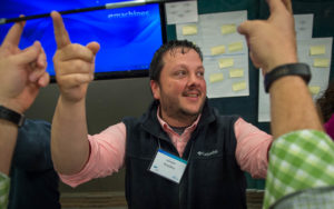 Scott Bradley, principal of Wingo Elementary School (Graves County) takes part in a group exercise during the Leadership Institute for School Principals. Principals apply for the institute and can attend free of charge if selected. Photo by Bobby Ellis, Jan. 26, 2017
