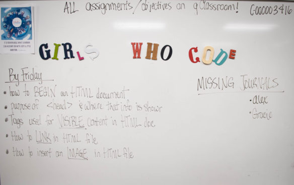 A whiteboard in Brooke Whitlow's classroom lists assignment deadlines for students in her coding class. The 15 students in the class come from all three Hardin County high schools. Photo by Bobby Ellis, Jan. 30, 2017