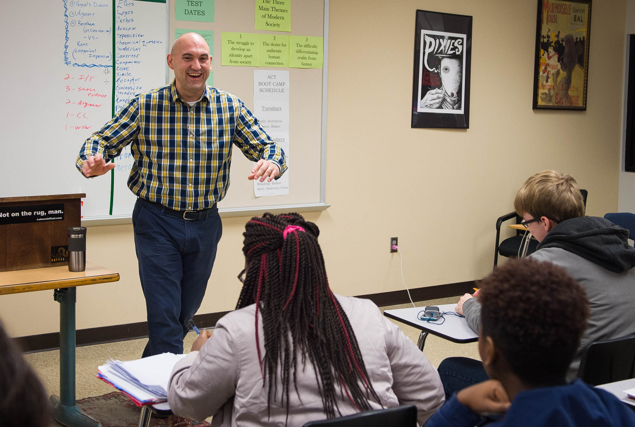 Beau Baker, an Advanced Placement arts and English teacher at Fern Creek High School (Jefferson County), speaks to senior students in the Ivy Plus Academy. Baker directs the academy, which seeks to help students get into some of the nation's top colleges and get scholarship money to pay for those schools. Photo by Bobby Ellis, Feb. 14, 2017