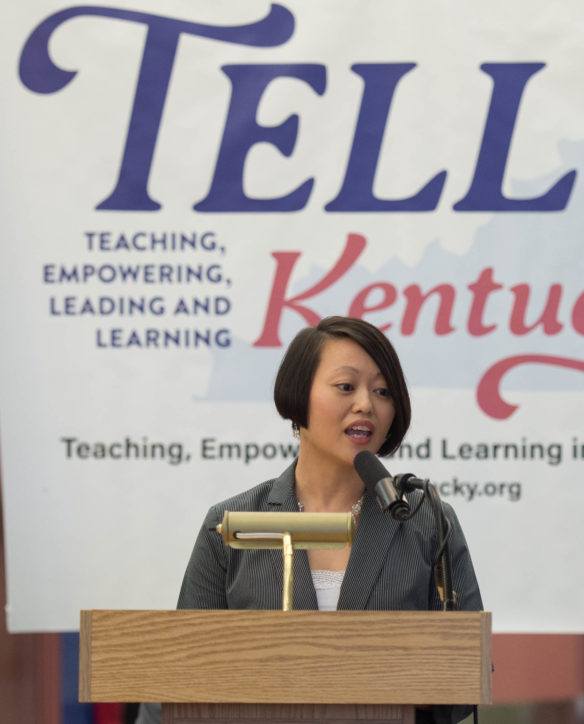Kim Wilhoite, principal of Clear Creek Elementary School (Shelby County), speaks during the kick-off of the TELL Kentucky Survey. Wilhoite said previous TELL results have helped her make changes that benefit both teachers and students. Photo by Bobby Ellis, March 1, 2017