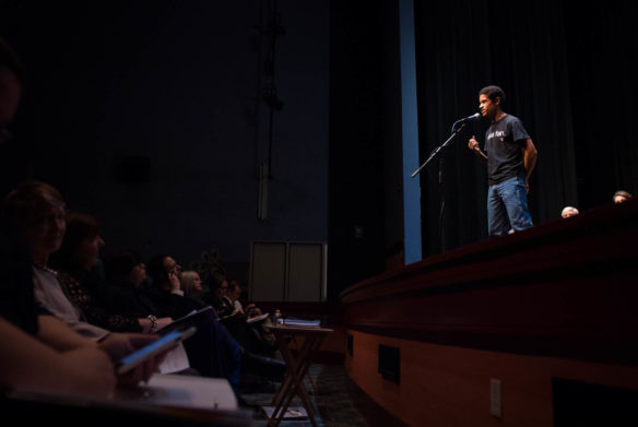 Reid Nuckolls, of Moore Traditional School (Jefferson County), performs for judges and for the crowd during the Poetry Out Loud Kentucky State Finals. Photo by Bobby Ellis, March 7, 2017