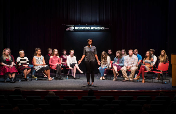 Alyssa Wray, of Boyle County High School, stands on stage with her fellow poets as she competes in the Kentucky State Finals of Poetry Out Loud. Photo by Bobby Ellis, March 7, 2017