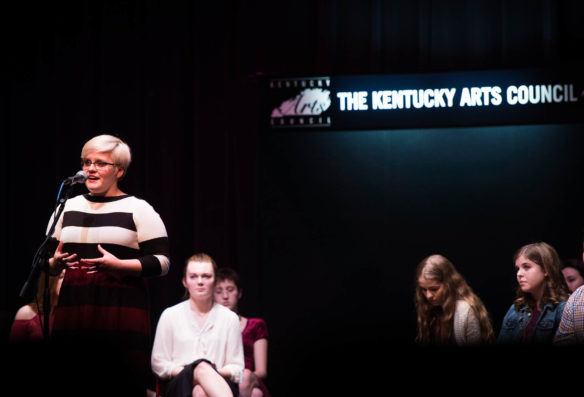 Frances Dougherty, of Central Hardin High School, performs during Poetry Out Loud at the Grand Theatre in Frankfort. The program was put on by the Kentucky Arts Council and the National Endowment for the Arts. Photo by Bobby Ellis, March 7, 2017